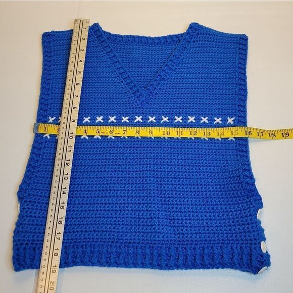 Vintage Hand Crochet Sweater Vest Side Button Details Blue with White X Pattern - Picture 4 of 5